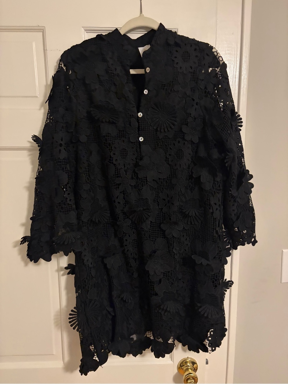 Black Floral Crochet Long Sleeve Tunic Dress